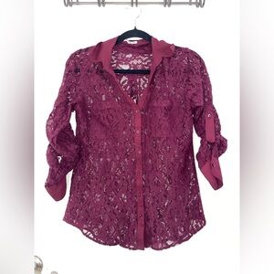 Express Burgundy Lace Button Down Blouse